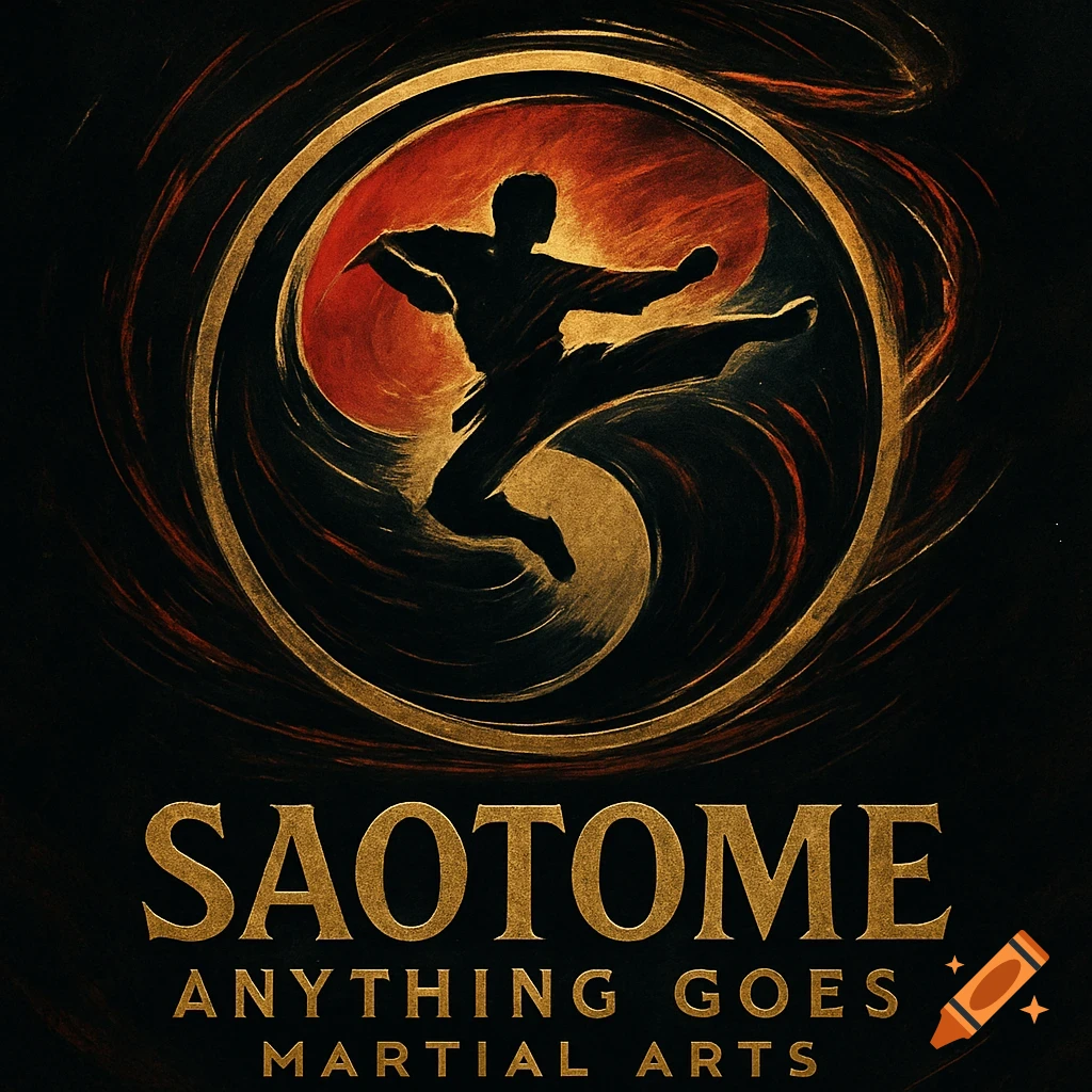 A stylized logo featuring a dark silhouette of a martial artist mid-kick inside a golden and red swirling circle, with 'SAOTOME ANYTHING GOES MARTIAL ARTS' text below.