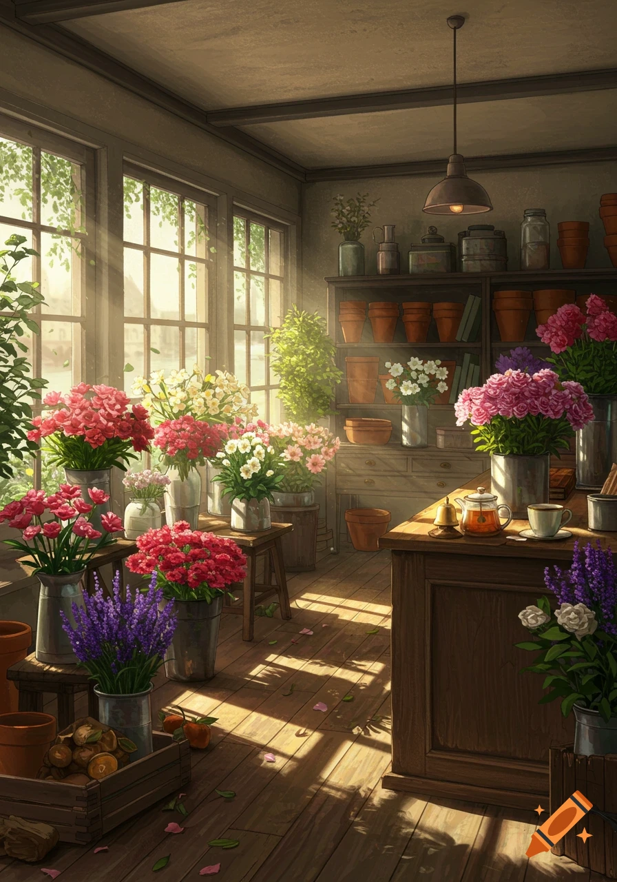 A bright and cozy flower shop interior with sunlight streaming through windows, featuring an abundance of colorful flowers, plants, and pots.