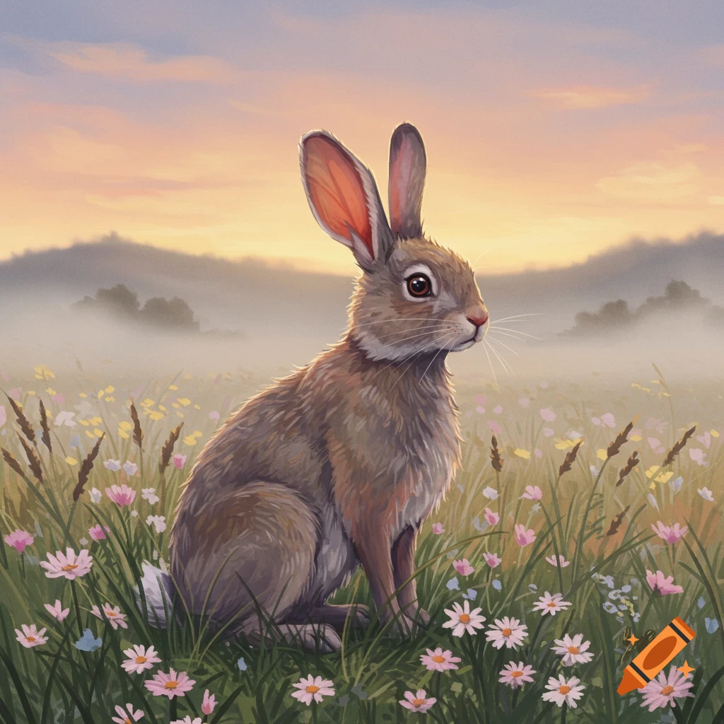 A brown rabbit with large ears sits among pink and white wildflowers in a misty field at sunrise, with mountains in the background.