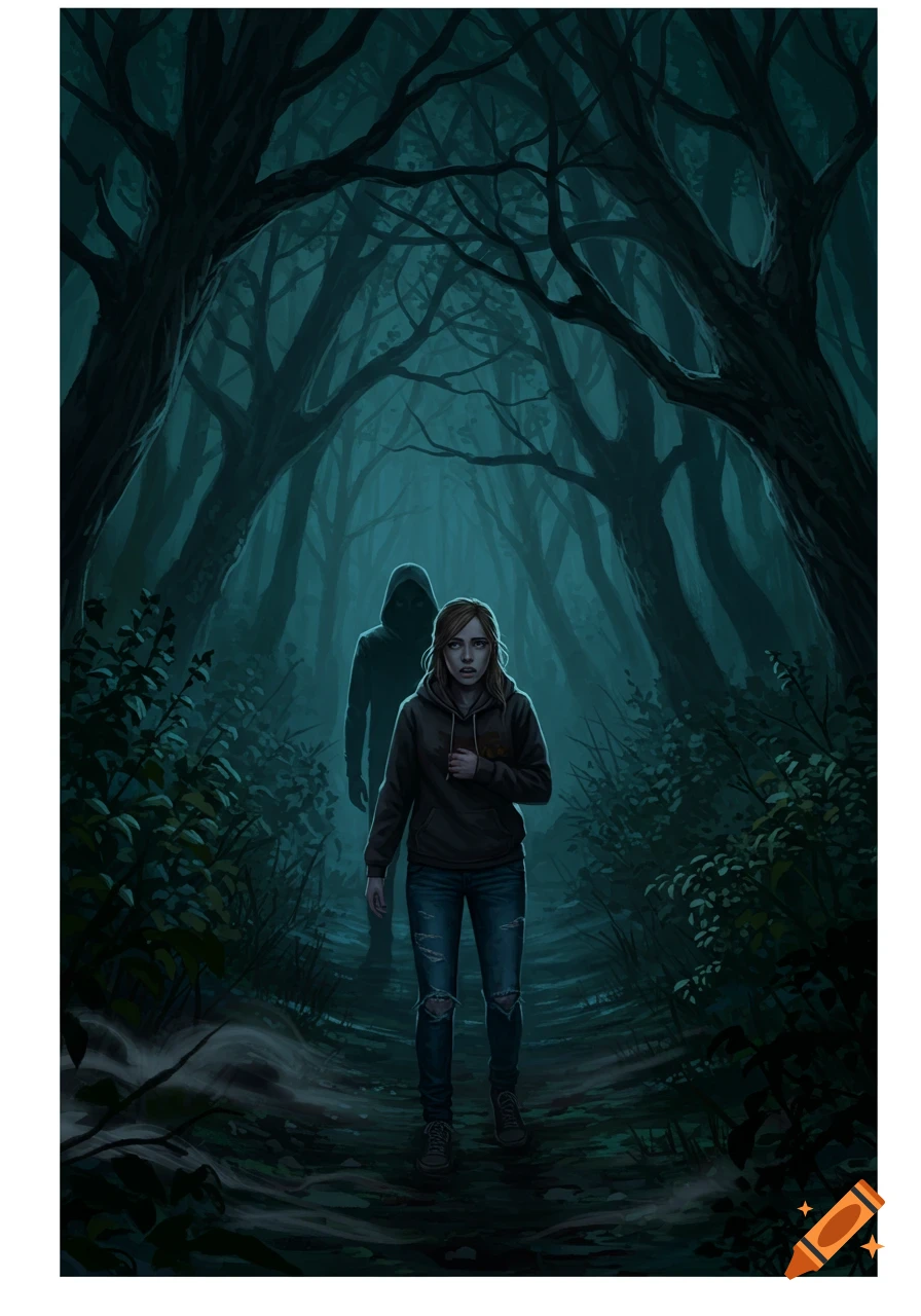A frightened girl in jeans and a hoodie walks through a dark, misty forest, while a shadowy hooded figure follows behind her.