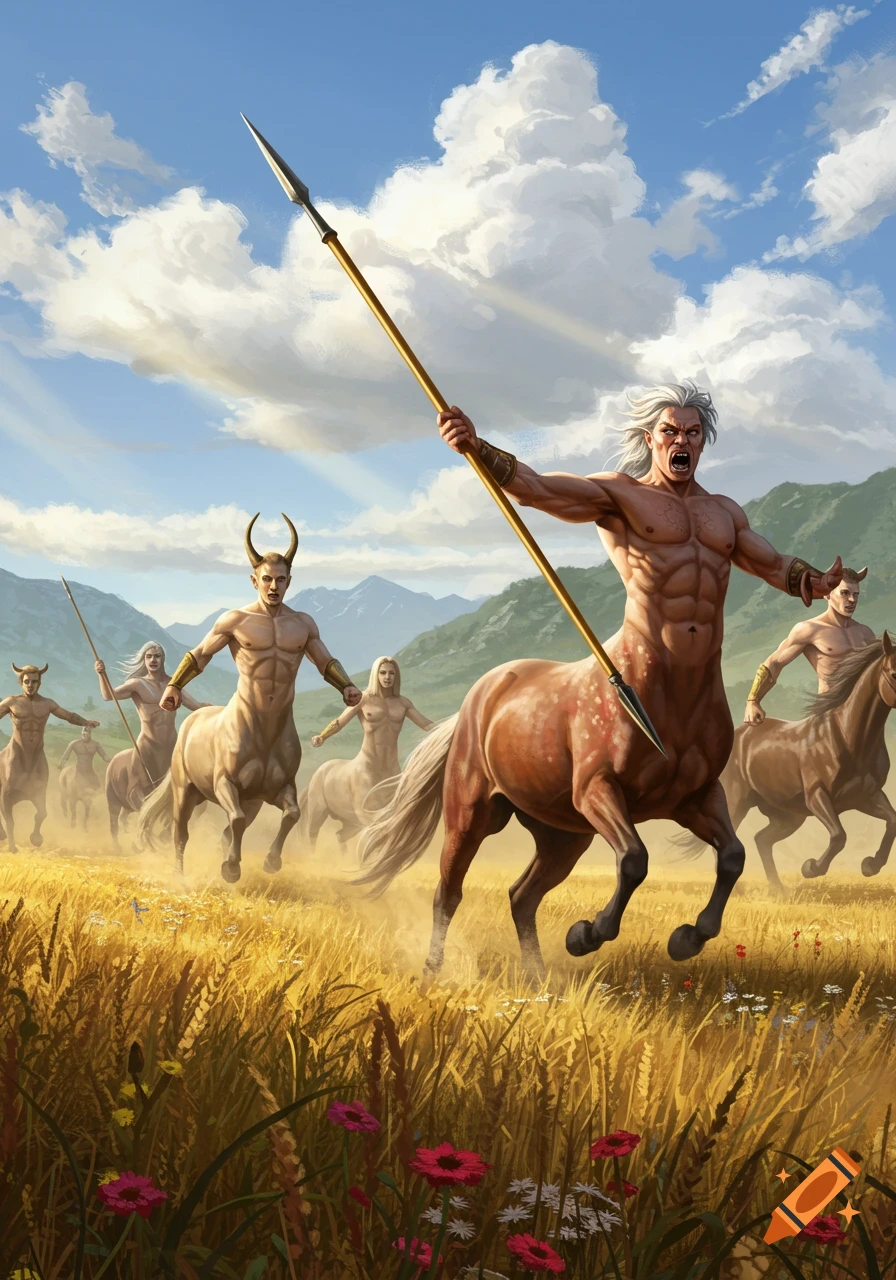A group of muscular centaurs with horns and white hair charge across a golden field, the lead centaur wielding a spear, under a blue sky.