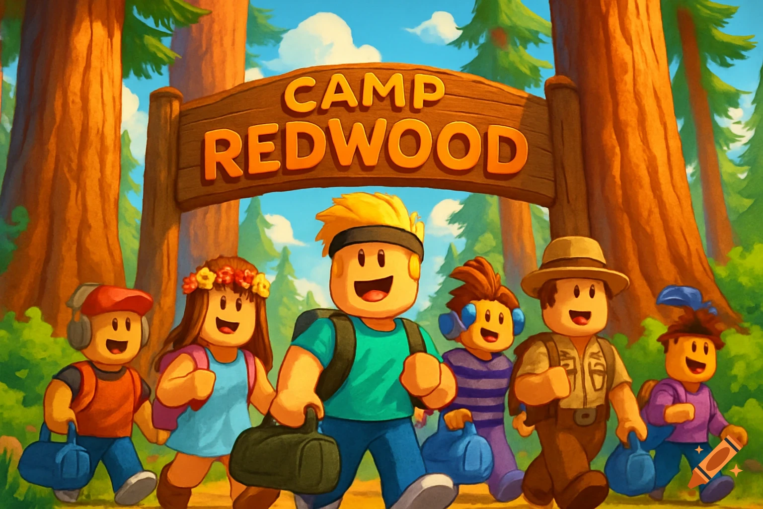 Cartoon Roblox characters walking into Camp Redwood under a wooden sign, surrounded by tall redwood trees under a sunny sky.