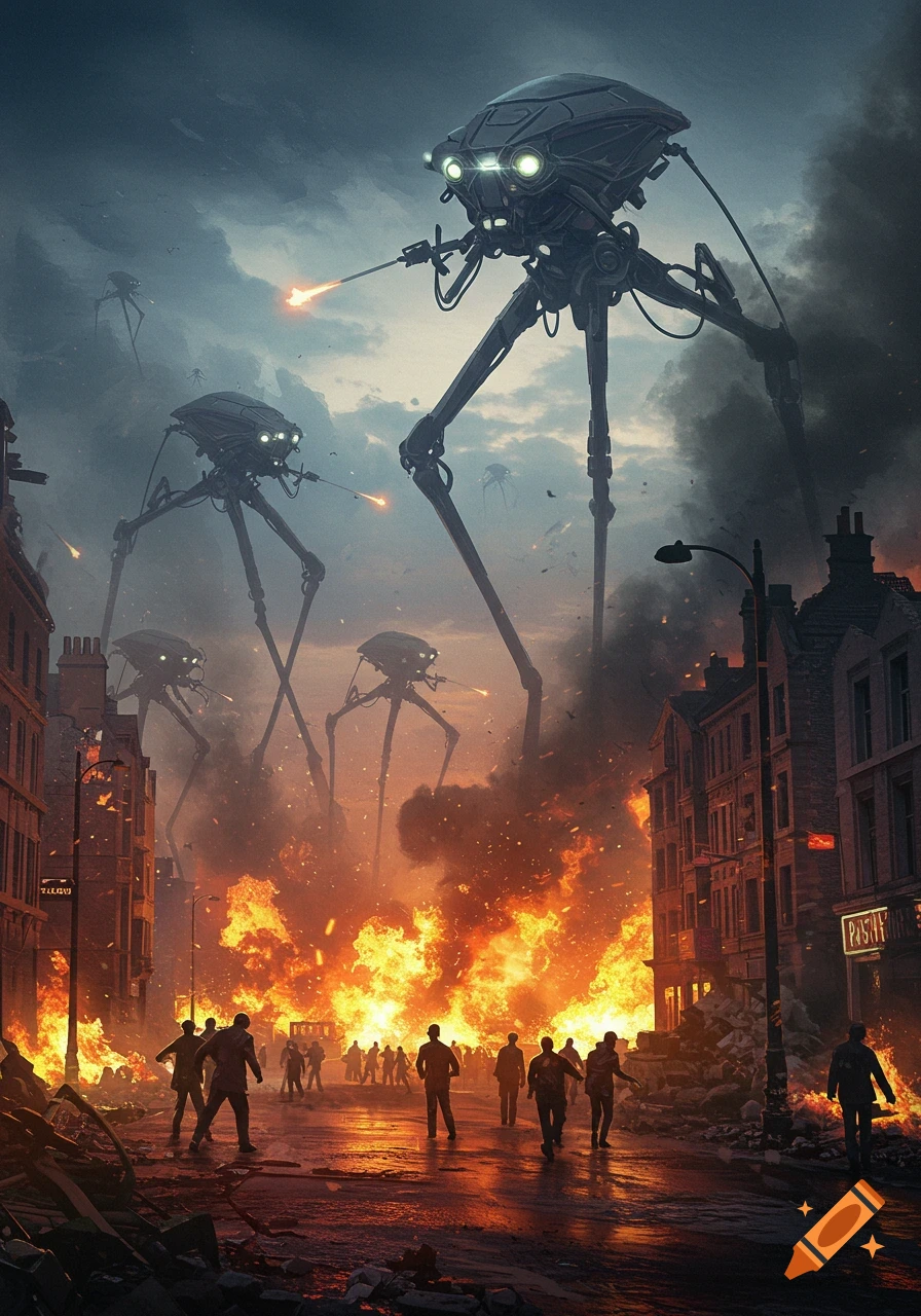 Giant alien tripods attack a burning city, firing weapons amidst smoke and flames as silhouetted people flee in a dark, dramatic scene.