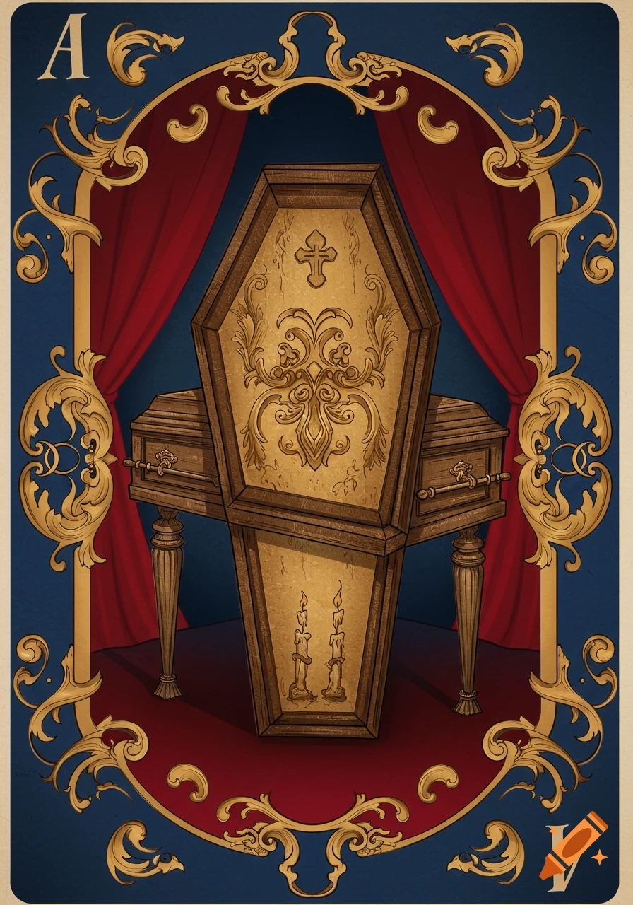 A stylized playing card featuring an ornate golden coffin with a cross and candles, framed by gold scrollwork against red drapes and a blue background.