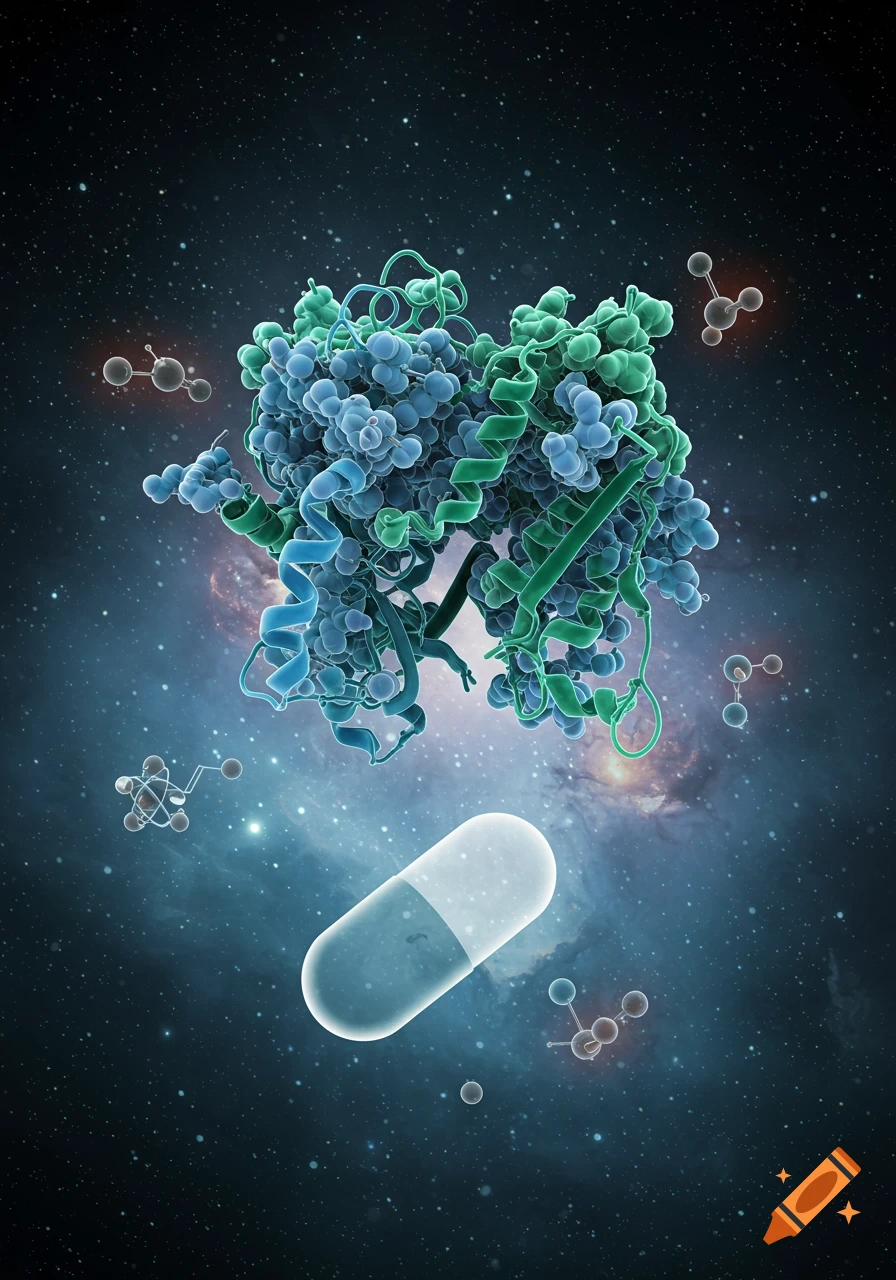 A large blue and green protein complex and a clear capsule pill float in a dark starry space with nebulae and small molecules.