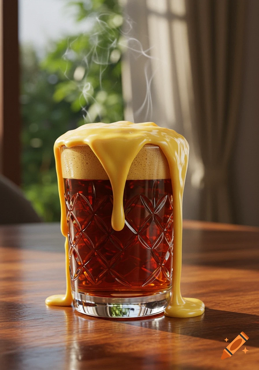 A glass of dark tea topped with melted yellow cheese dripping down the sides, emitting steam, on a wooden table.