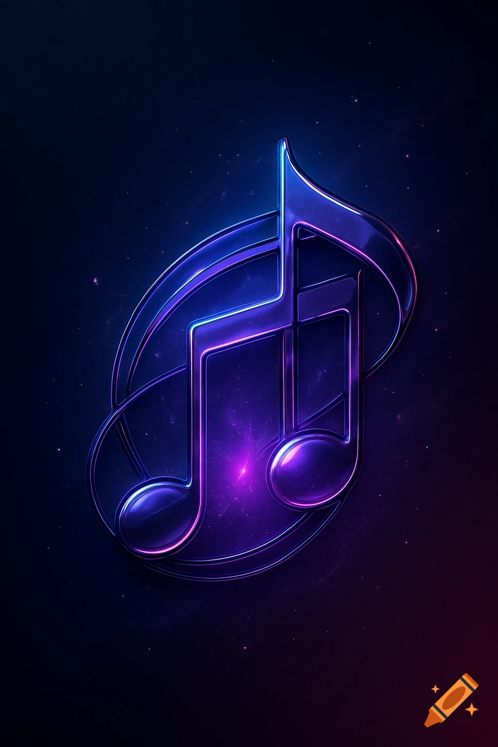 A glowing purple and blue neon music logo against a dark, starry background.