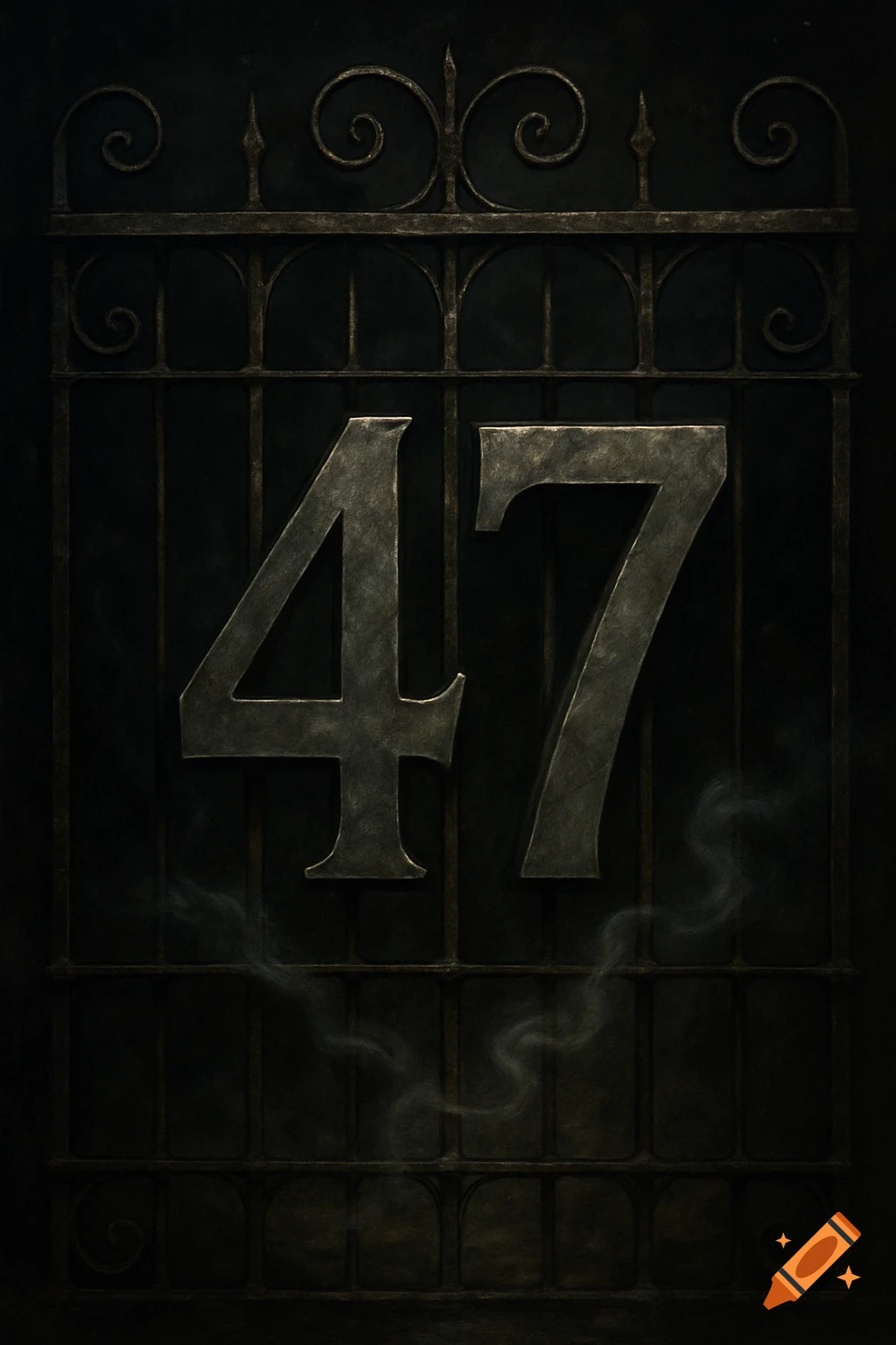 Dark, metallic numbers 47 behind an ornate wrought-iron gate with wisps of smoke.