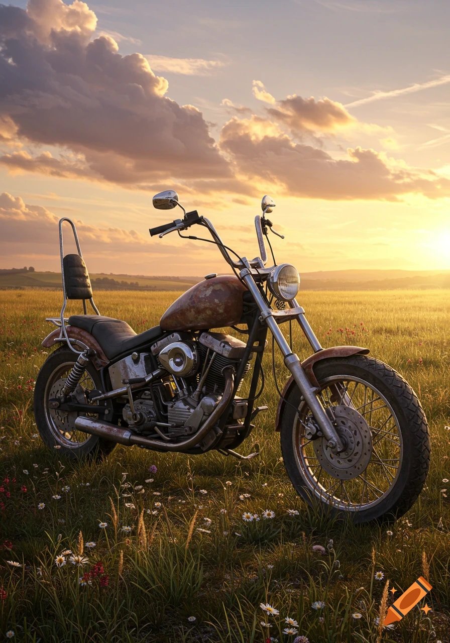 A rusty motorcycle with chopper handles and two seats stands in a grassy field with wildflowers under a golden sunset sky.