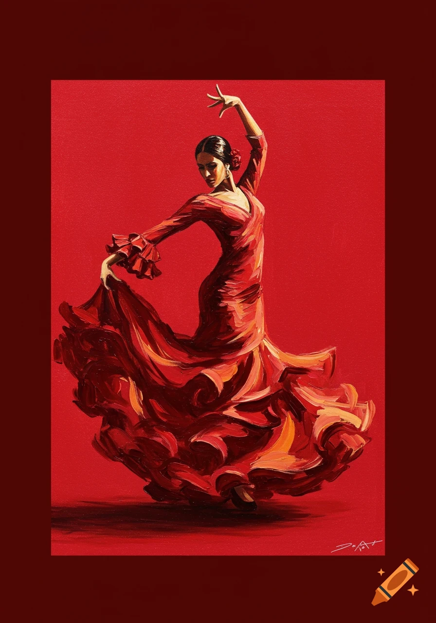 Impressionistic painting of a vibrant flamenco dancer in a red dress with flowing skirt, striking a pose against a red background.