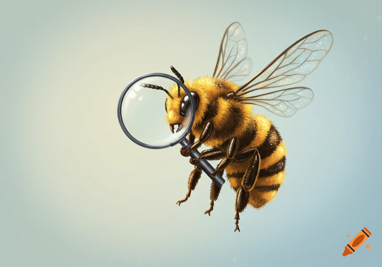 A cartoon bee with fuzzy yellow and black stripes holds a magnifying glass, peering forward, against a soft blue background.