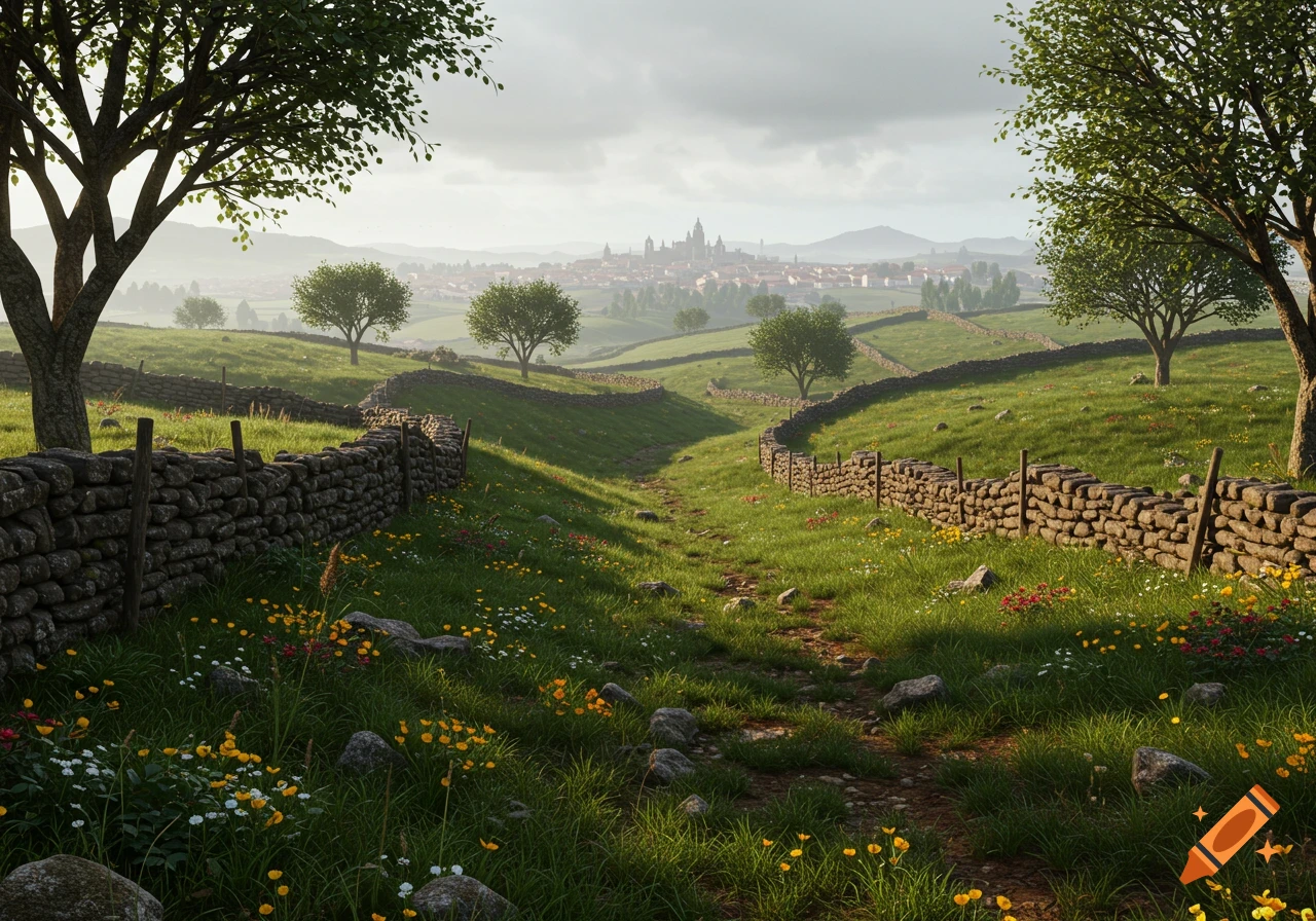 Photorealistic landscape of rolling green hills with stone walls, a dirt path, wildflowers, and a distant town under a cloudy sky.