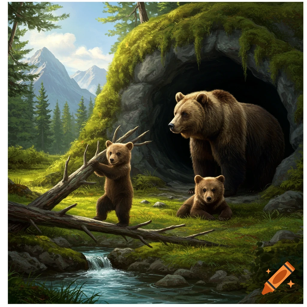 An illustration of a mother bear and two cubs outside a cave by a stream, with mountains and trees in the background.