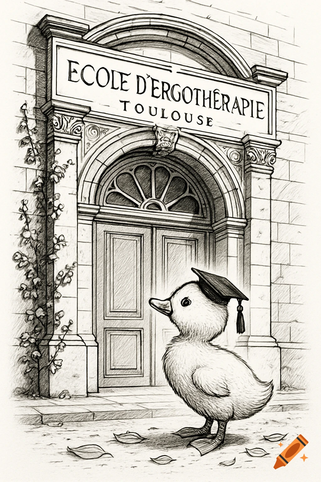 A black and white sketch shows a duckling in a graduation cap in front of the 'ECOLE D'ERGOTHERAPIE TOULOUSE' building.