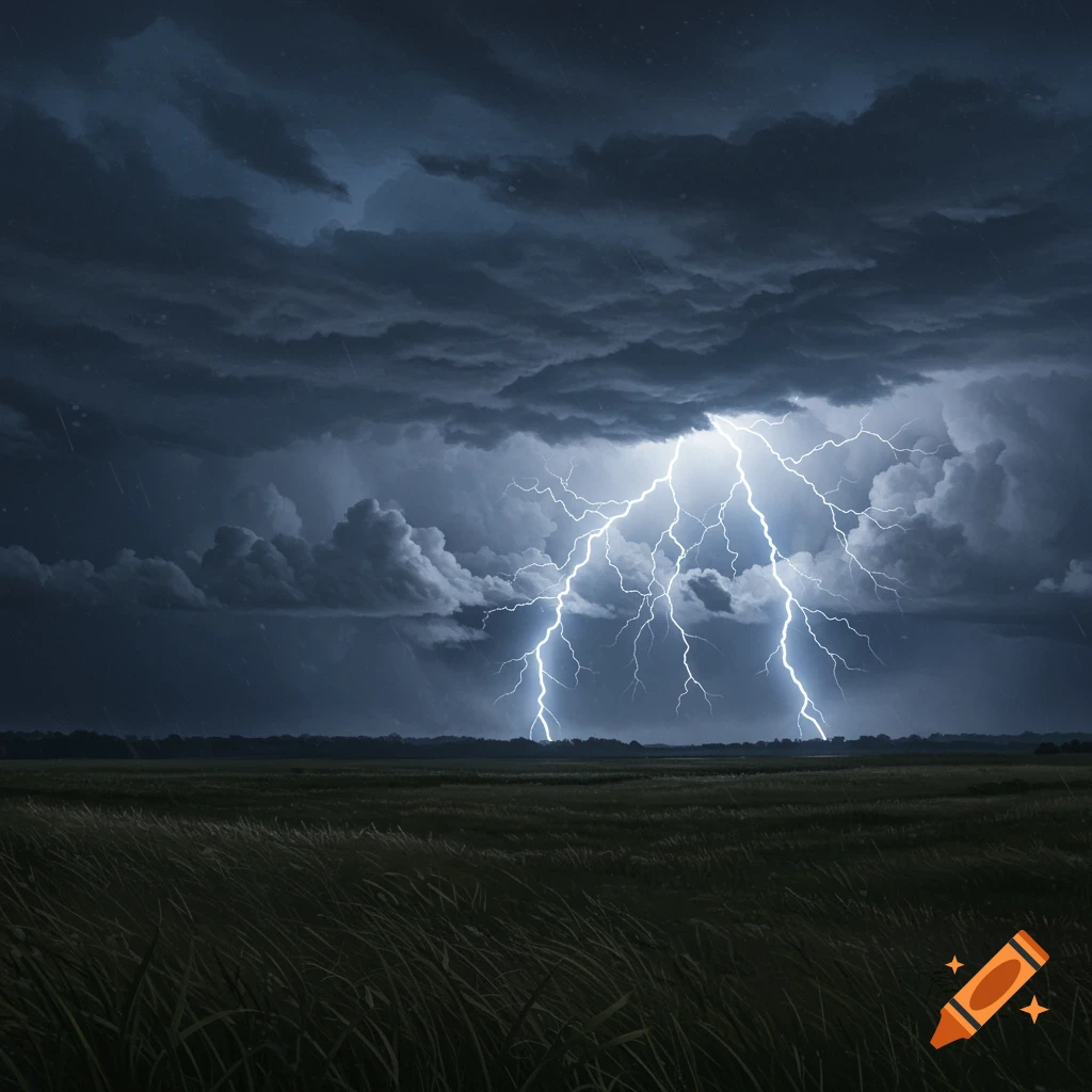 Photorealistic image of a dramatic thunderstorm with multiple lightning bolts striking a dark grassy field under a heavily clouded sky with rain.