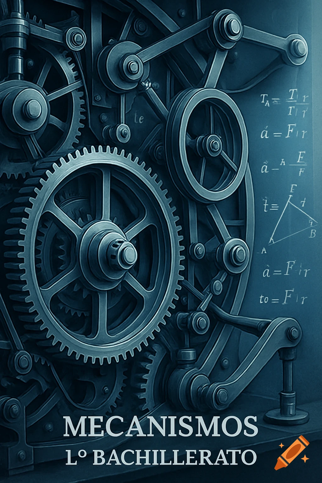 Close-up of intricate, dark teal and silver gears, pulleys, and mechanical components. Mathematical equations and a triangle diagram are on the right, and the text "MECANISMOS 1º BACHILLERATO" is at the bottom, suggesting a textbook cover or educational theme.