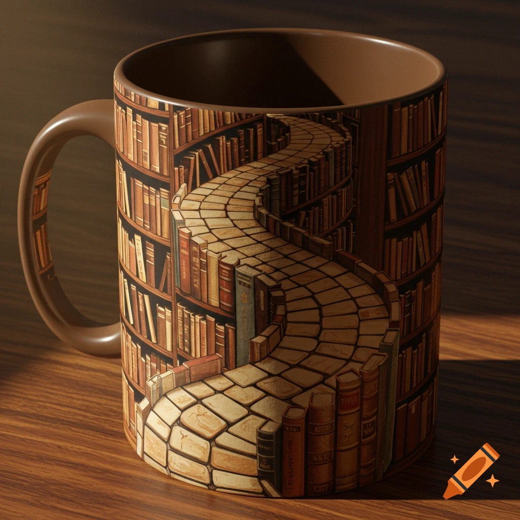 A brown mug with a detailed illustration of a winding path made of books, surrounded by bookshelves, on a wooden table.