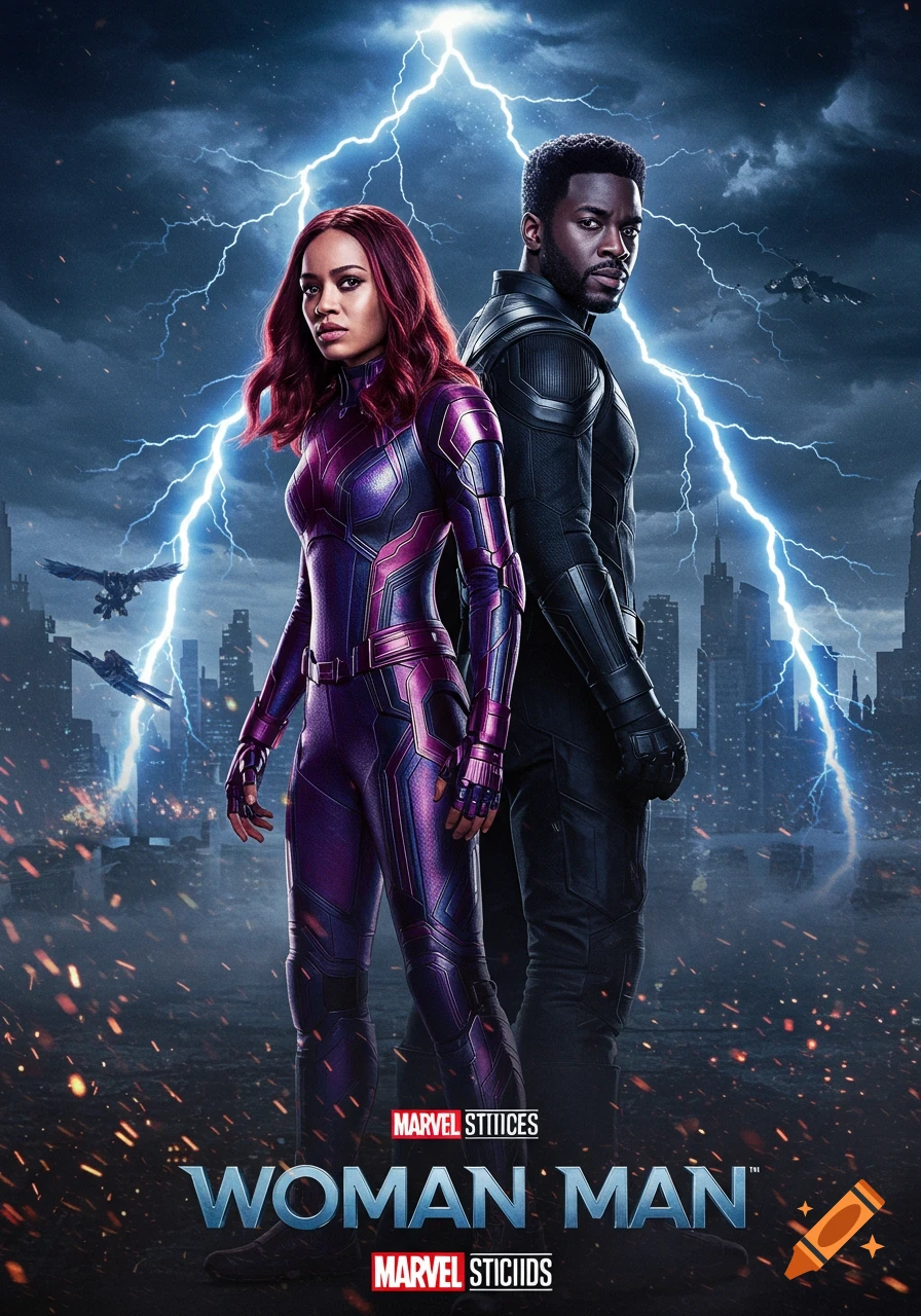 Movie poster for 'WOMAN MAN' featuring a woman in a purple suit and a man in a black suit standing back-to-back under lightning in a city.