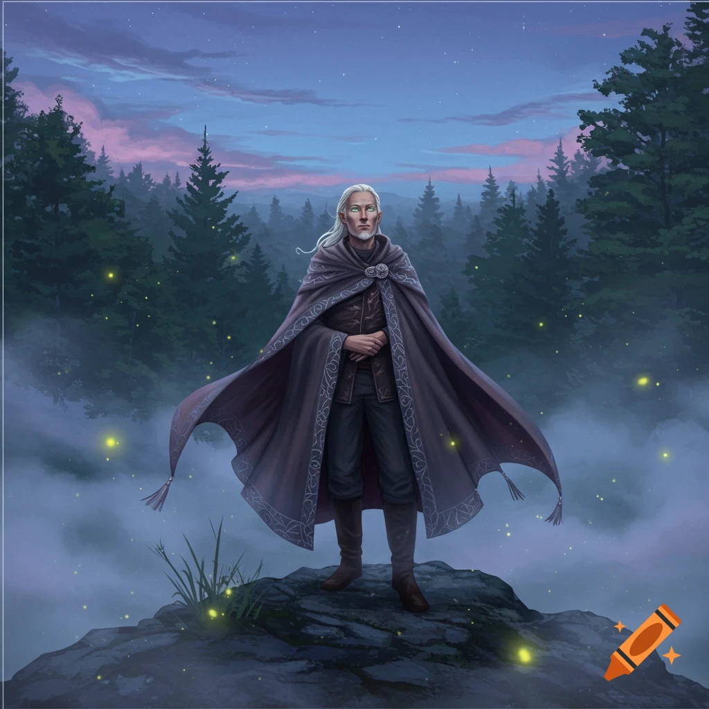 An old man with white hair and a dark patterned cloak stands on a rocky outcrop in a foggy forest at dusk with fireflies. Illustration.