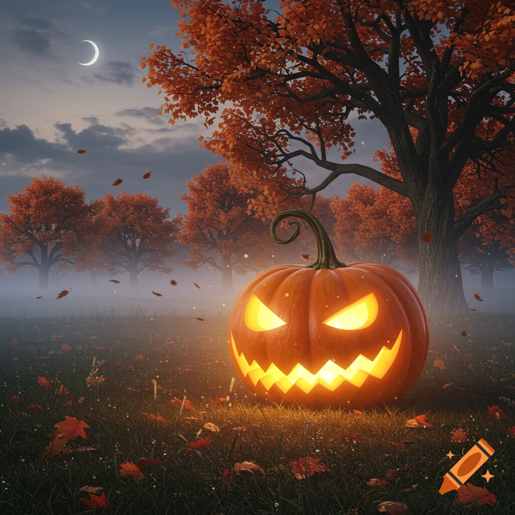 A glowing jack-o'-lantern sits in a misty, moonlit autumn forest with orange trees and fallen leaves.
