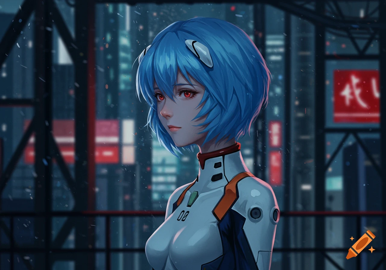 Rei Ayanami from Evangelion in her white plugsuit against a blurry cyberpunk city background at night, anime style.