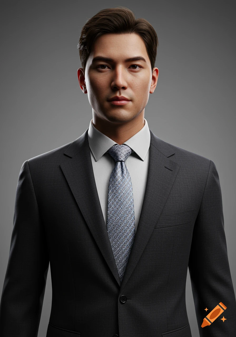 A photorealistic portrait of a young man in a dark gray suit and patterned tie against a neutral gray background.