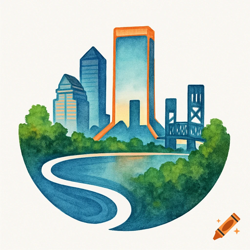 Stylized watercolor illustration of a city skyline with tall buildings, a bridge, a river, and green trees, forming a circular logo.