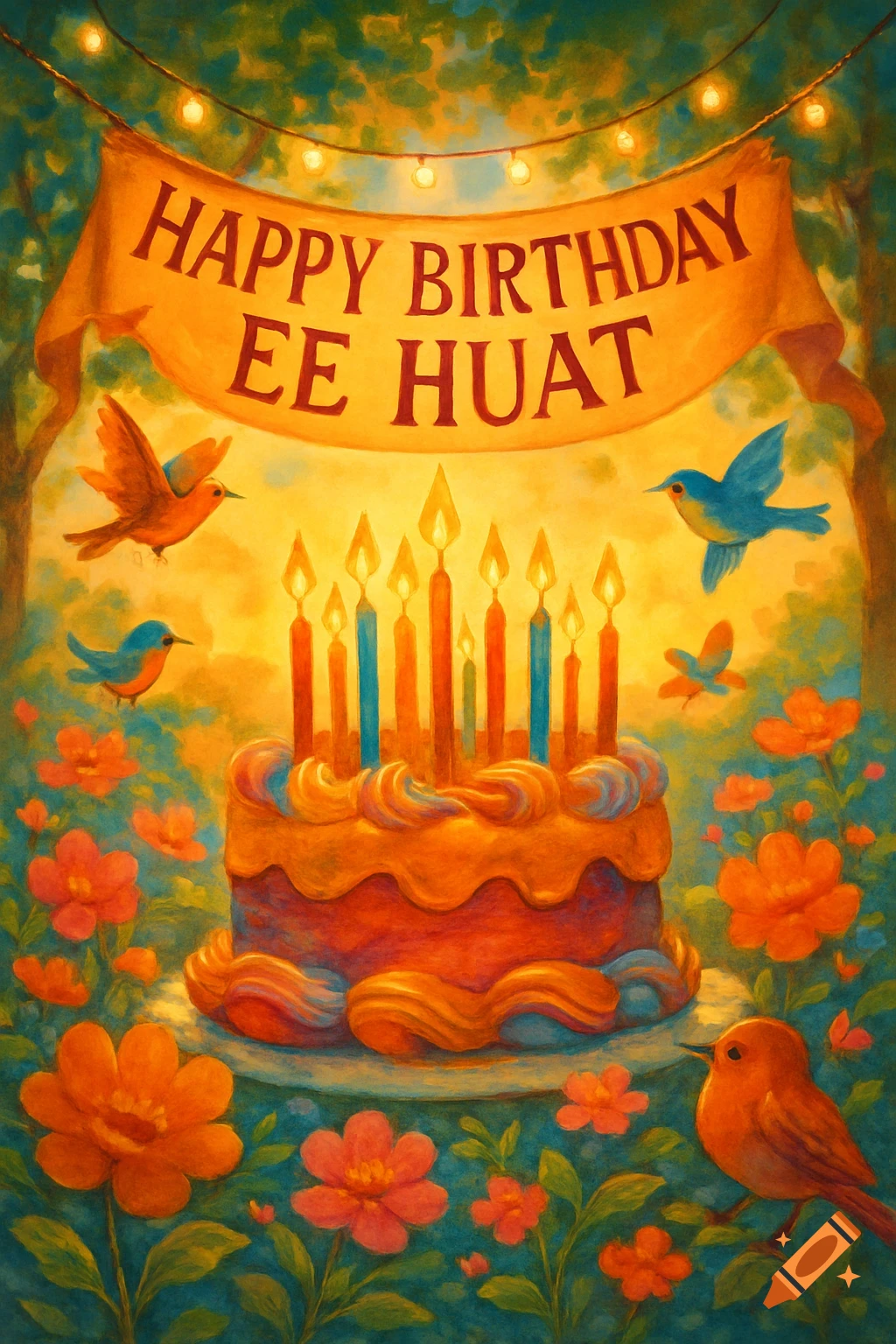 Vibrant painterly birthday cake with candles, birds, and flowers under a 'HAPPY BIRTHDAY EE HUAT' banner.