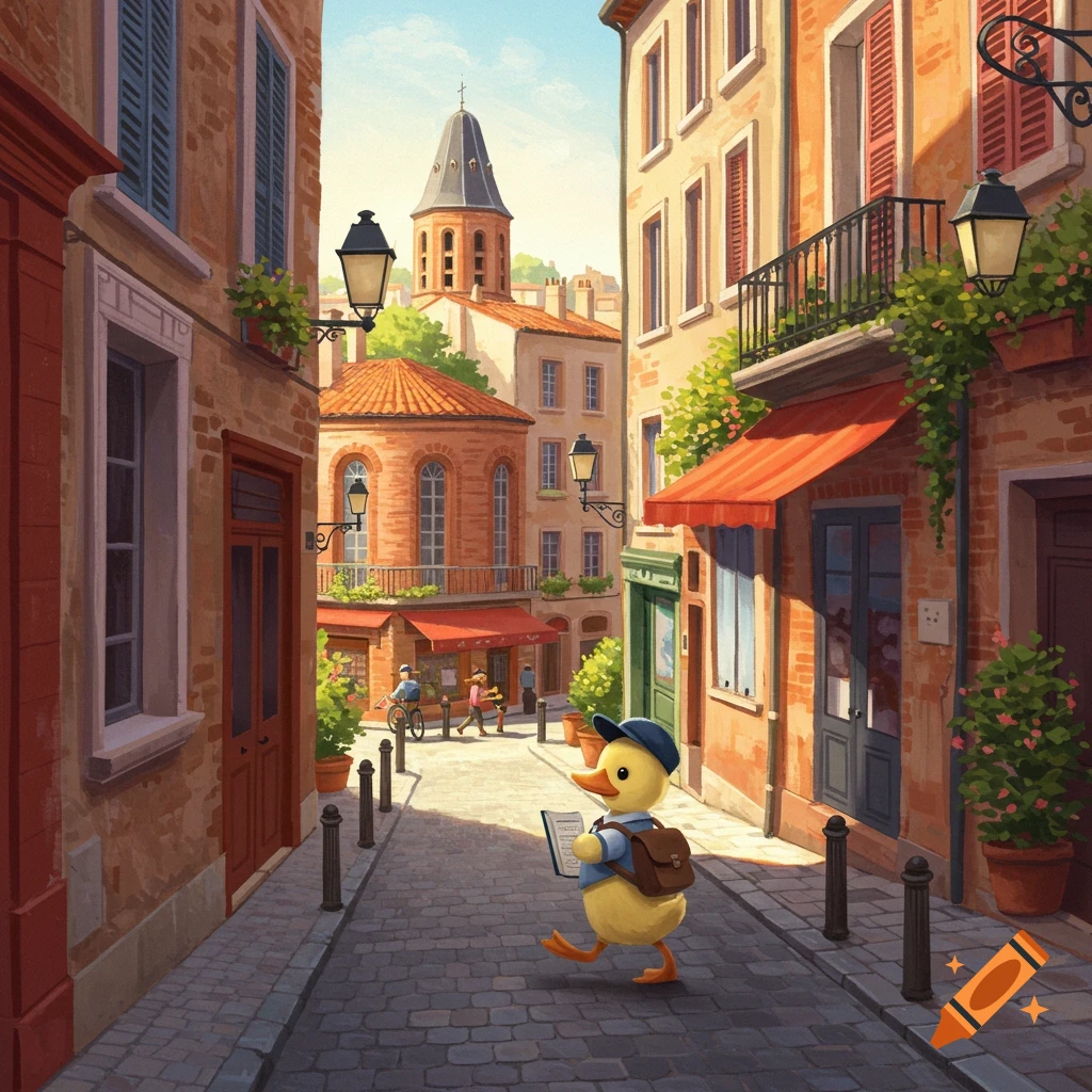 A cartoon duckling wearing a school cap and satchel walks on a cobblestone street in a European city with buildings and a church tower.