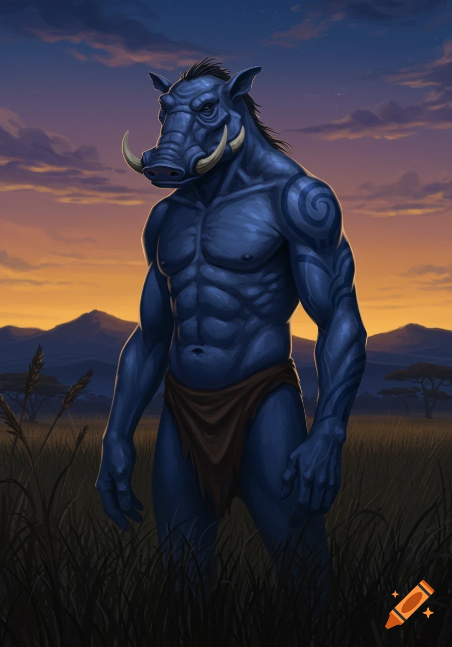 A muscular blue humanoid warthog with tusks and tribal tattoos stands in tall grass against a sunset sky.