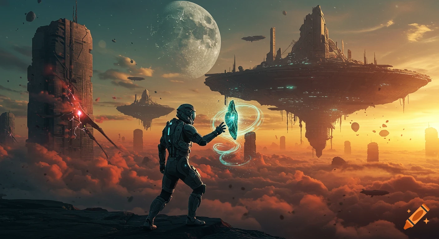 A lone astronaut on a rocky outcrop observes a glowing artifact, with a massive moon and futuristic floating cities in a vibrant alien sky at sunset.