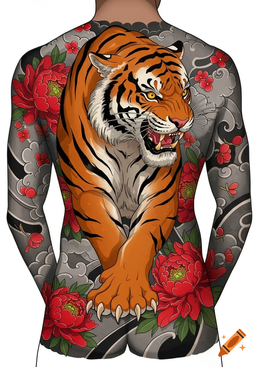 A vibrant Japanese style full back tattoo featuring a roaring tiger with red peonies and gray clouds.