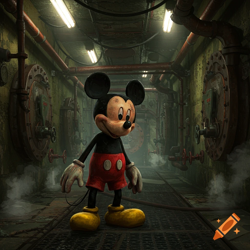 Mouldy Mickey Mouse stands in a dark, grungy boiler room filled with pipes and old machinery.