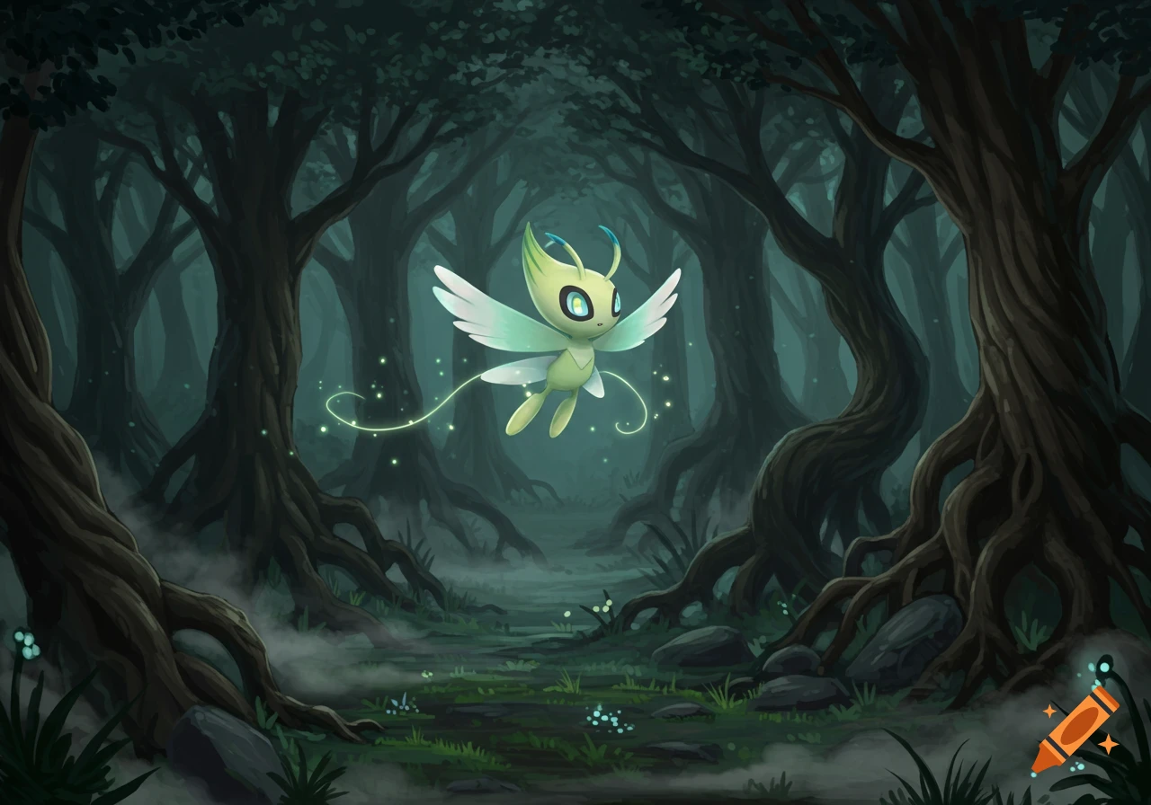 Celebi, a green fairy-like Pokémon, flies through a dark, misty forest with glowing specks and large gnarled trees.