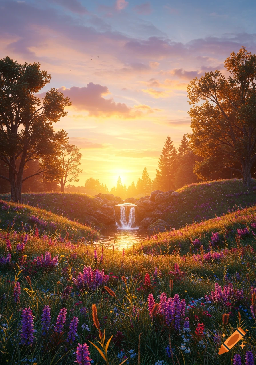 A vibrant sunset over a lush green meadow filled with purple flowers, featuring a small waterfall flowing into a stream.