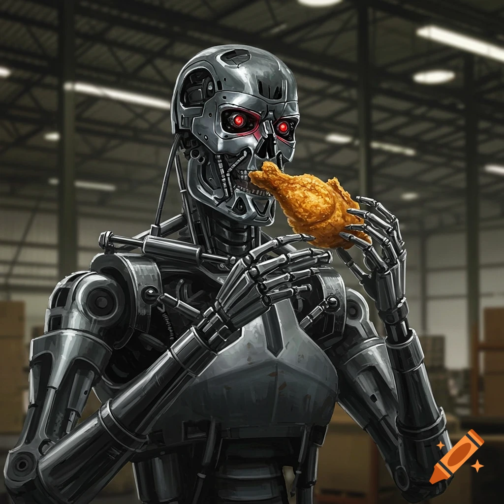 A detailed T-800 Endoskeleton robot with glowing red eyes holds and eats a piece of fried chicken in a blurry industrial warehouse.