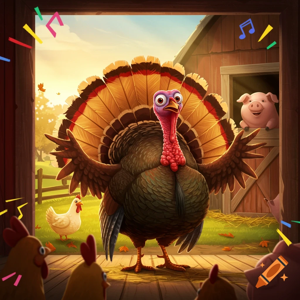 A cartoon turkey with wide eyes and fanned tail feathers stands in a barn doorway, as musical notes float around. Chickens and pigs watch.