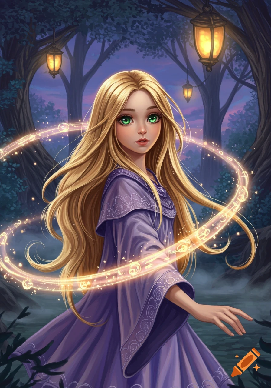 A blonde girl with green eyes in a purple robe with a magical glowing swirl, in a mystical forest at dusk, digital art.