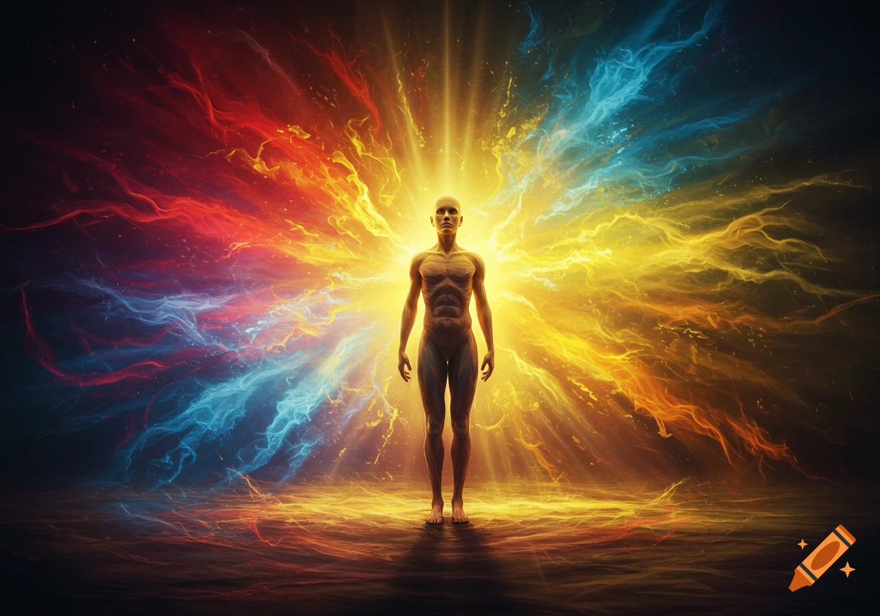 A glowing, nude male figure stands upright amidst swirling vibrant red, orange, yellow, and blue cosmic energy.