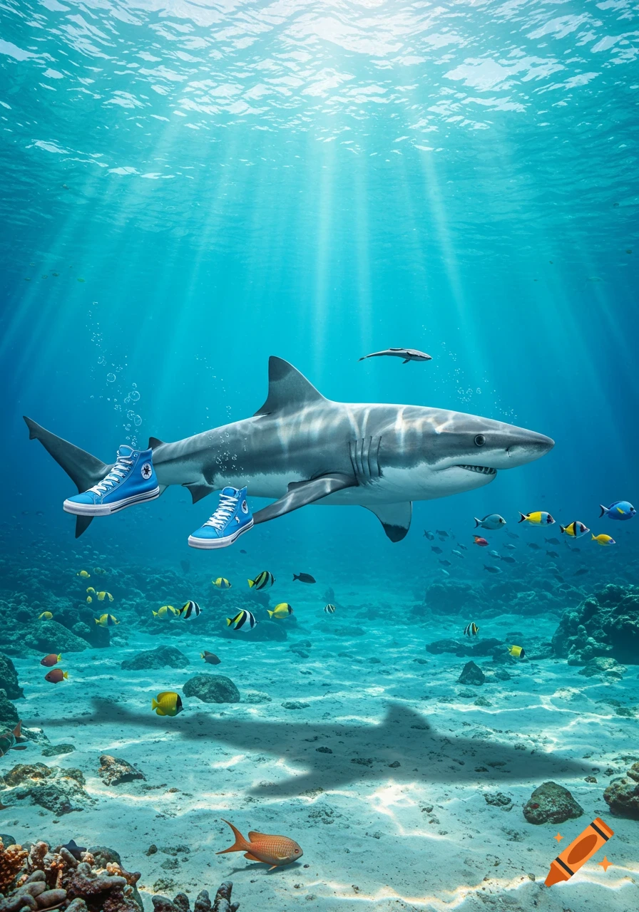 A photorealistic shark swims underwater wearing blue high-top sneakers, with sun rays filtering through the water.