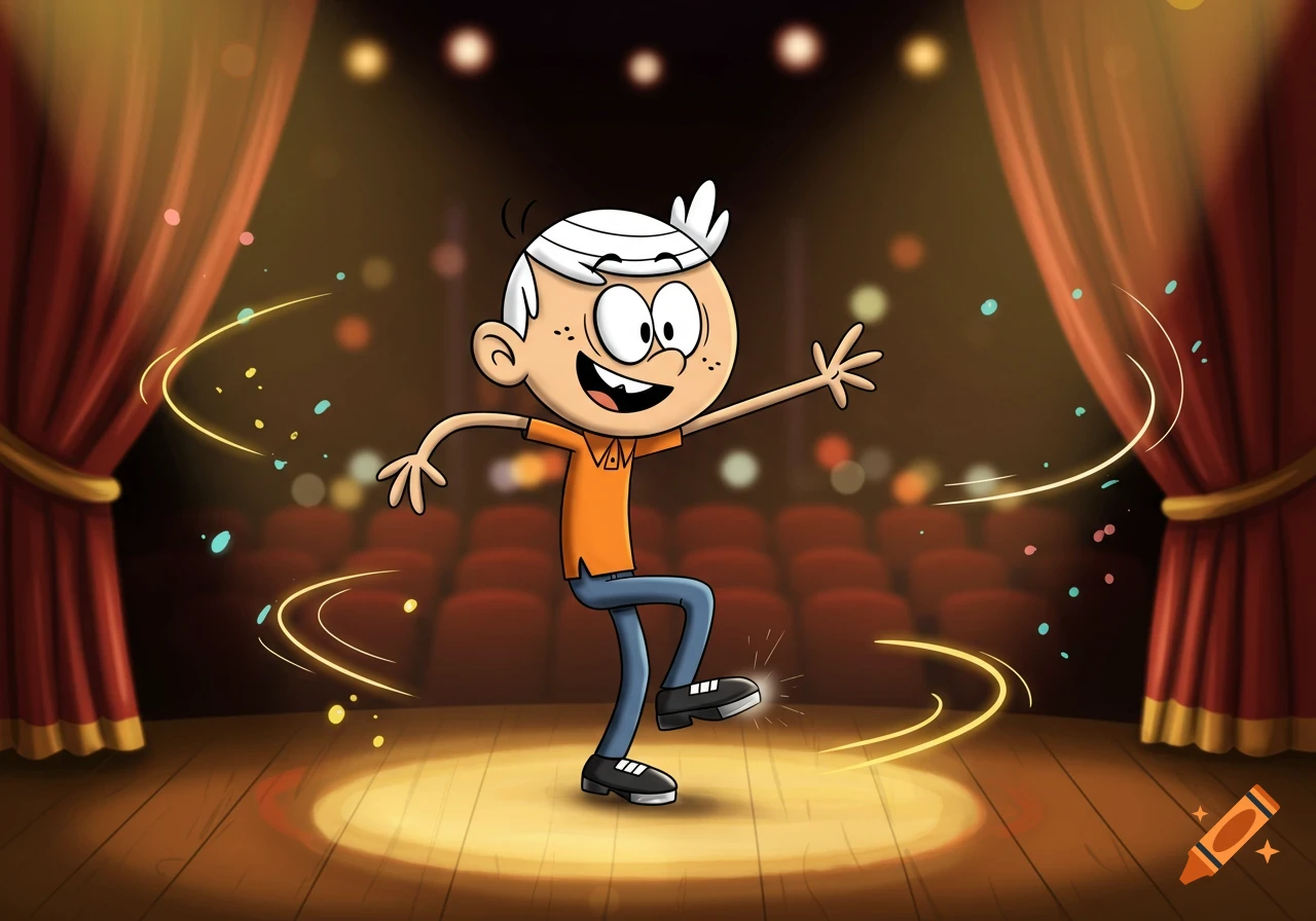 Lincoln Loud tap dances on a spotlighted stage with red curtains and a blurred audience.