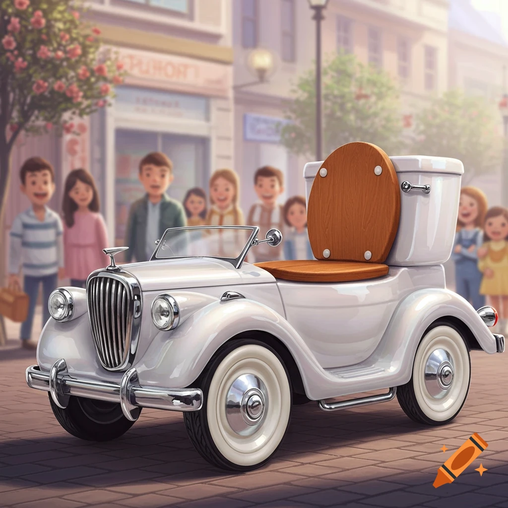 A whimsical white vintage car with a toilet seat and tank as the driver's seat on a street with cartoon people.
