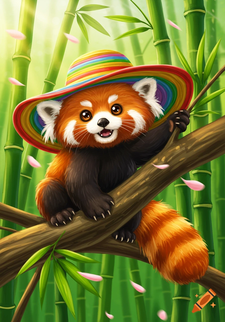 A cute, colorful illustration of a red panda in a rainbow hat, sitting on a branch in a vibrant bamboo forest with pink petals.