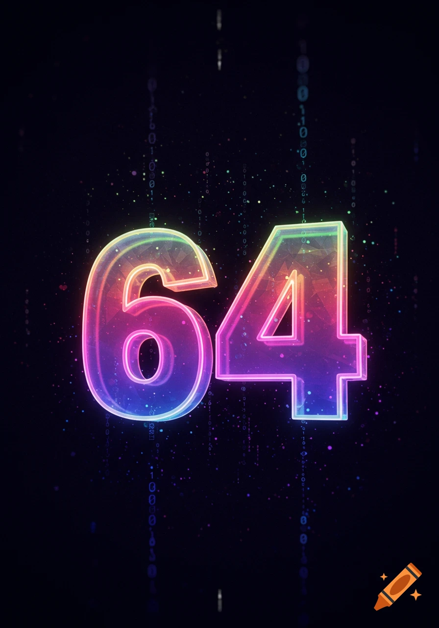 Neon rainbow number 64 on a dark digital background with falling binary code and colorful particles.