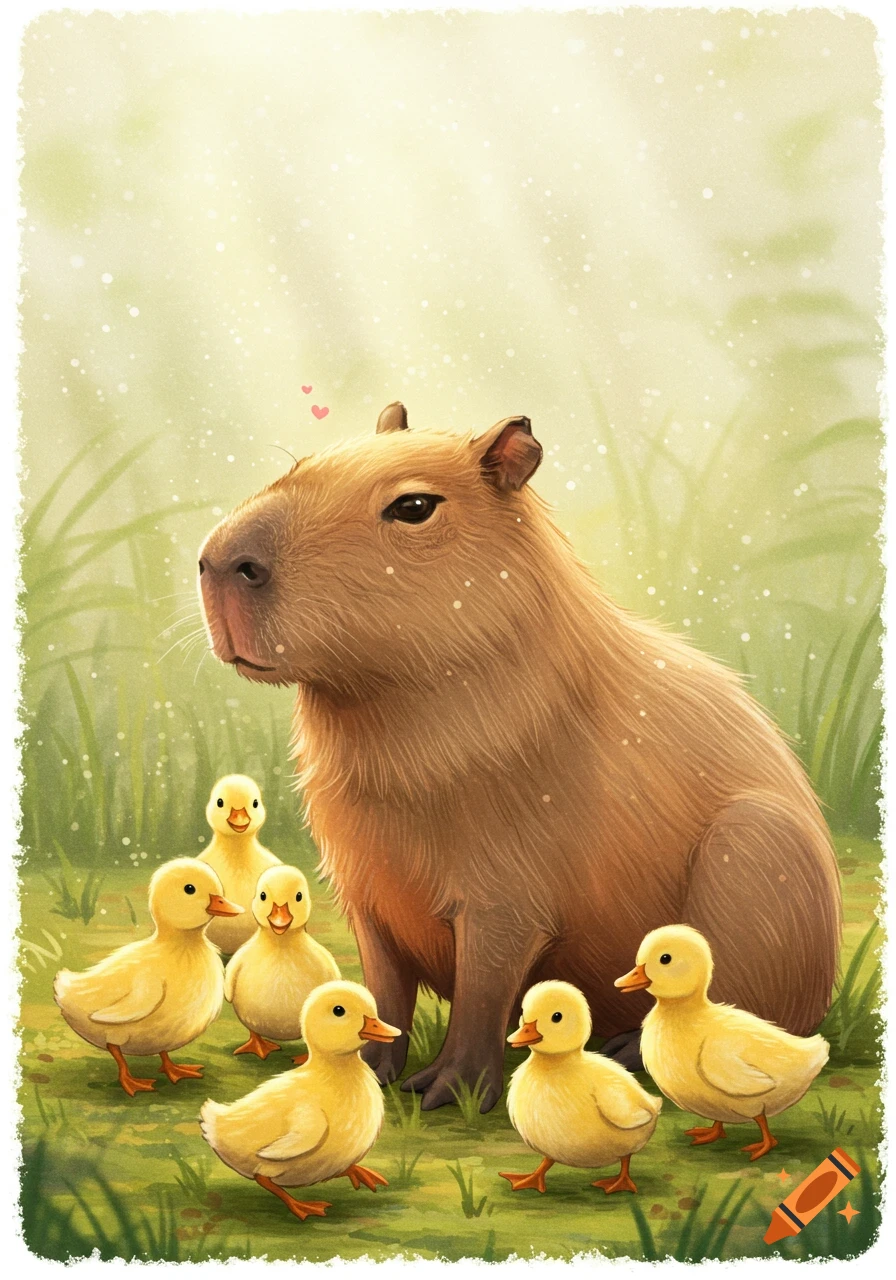 A detailed, cozy illustration depicts a capybara sitting amongst five small, fluffy yellow ducklings in a grassy, sunlit field.