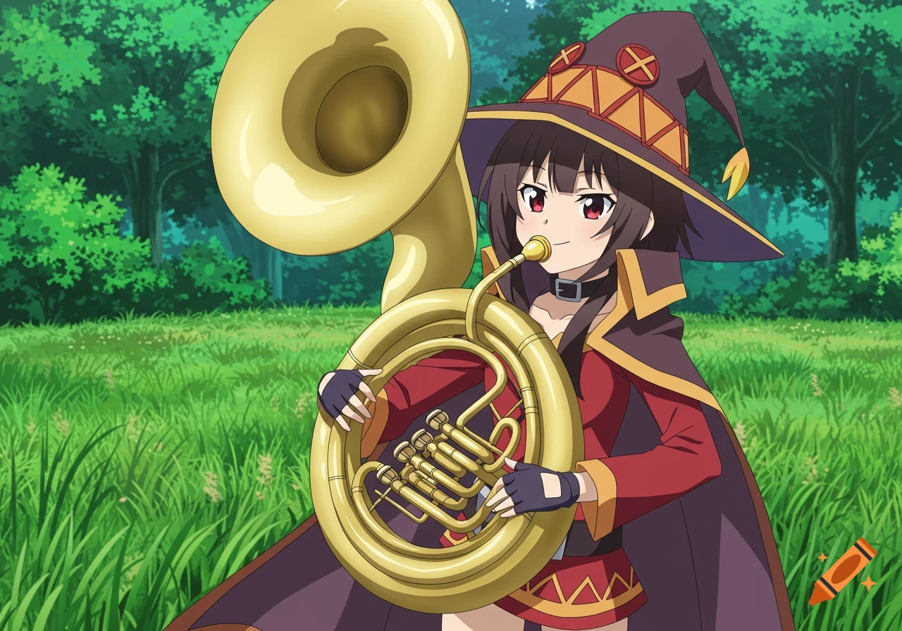 An anime girl with dark hair and a witch hat, dressed in red and purple, plays a golden sousaphone in a green forest clearing.