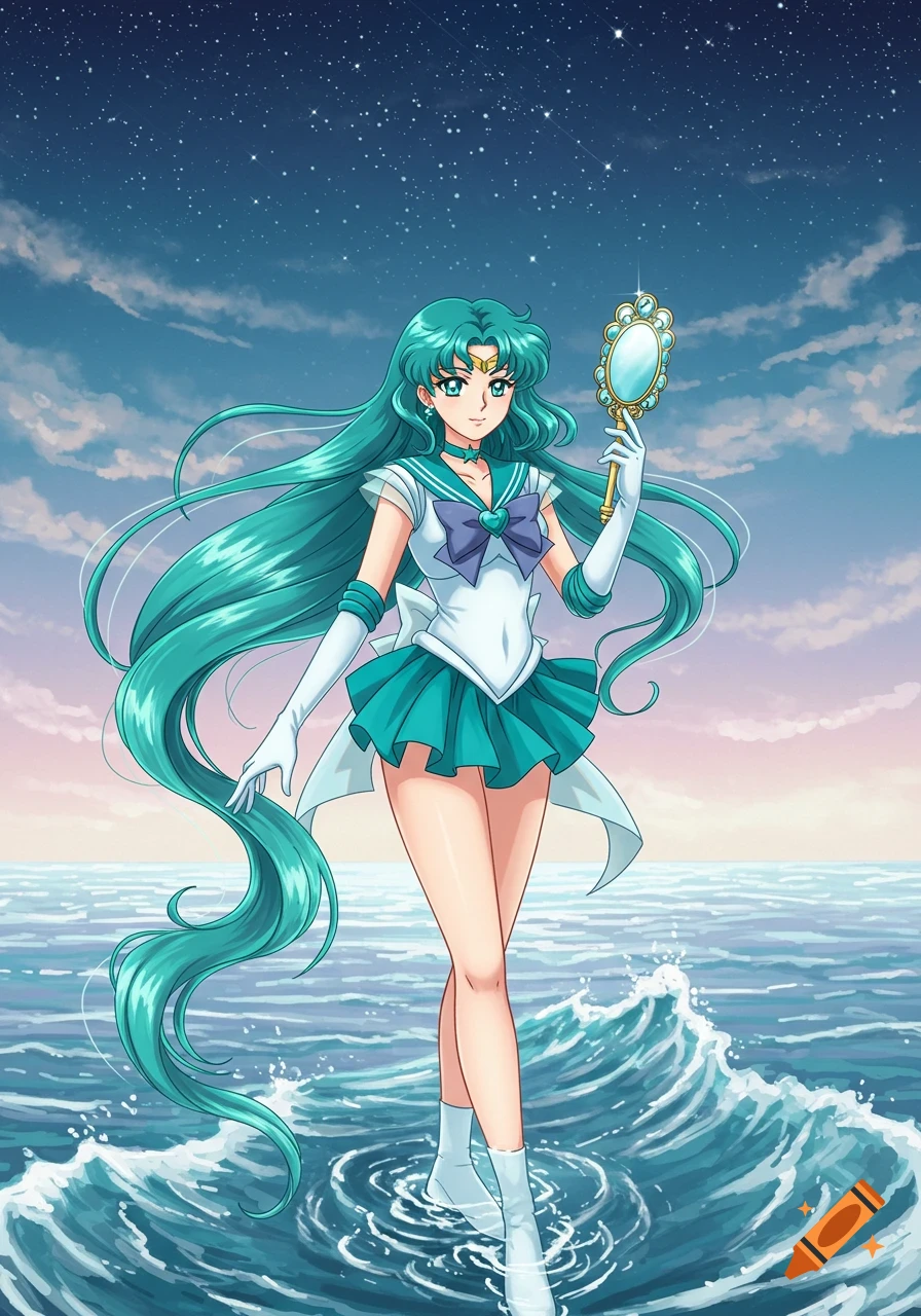 An anime character with long teal hair and a sailor uniform stands in the ocean, holding a hand mirror, with a starry and sunset sky background.