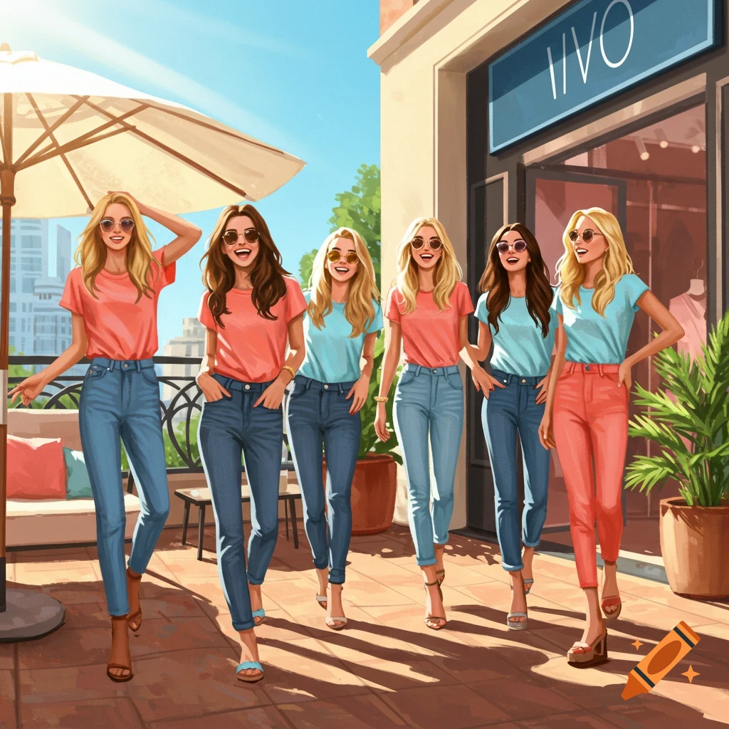 Six young women in t-shirts and jeans walk cheerfully past shops on a sunny day in a vibrant illustration.