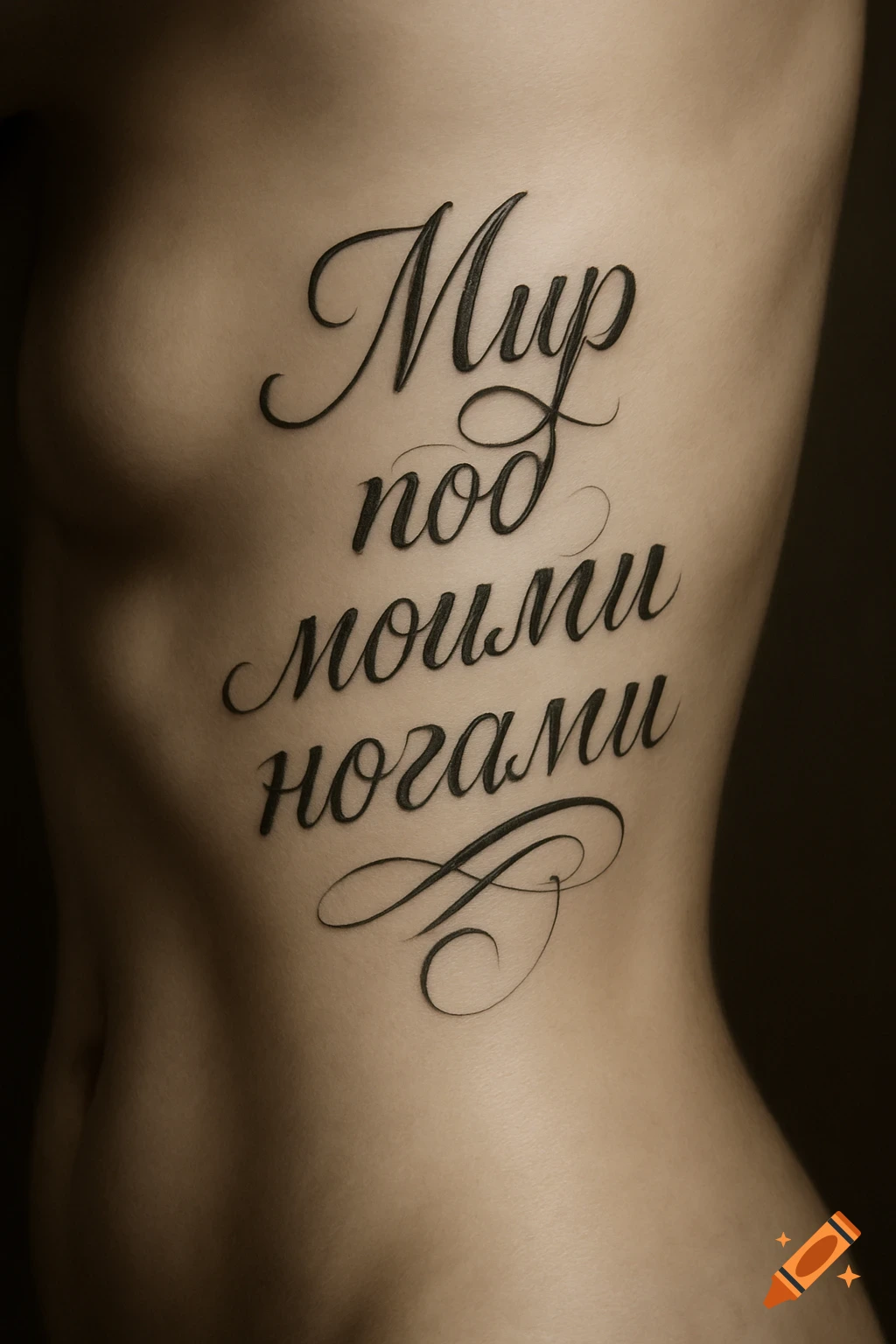 A detailed shot of a calligraphic script tattoo on a person's rib cage, reading "Мир под моими ногами" in Cyrillic.