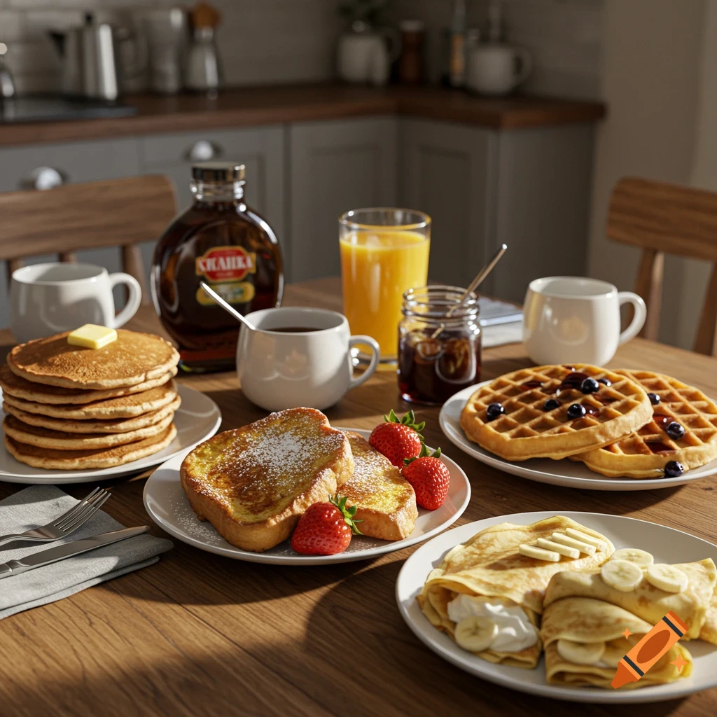 A delicious breakfast spread on a wooden table, featuring pancakes, waffles, French toast, crepes, fresh fruit, maple syrup, orange juice, and coffee.